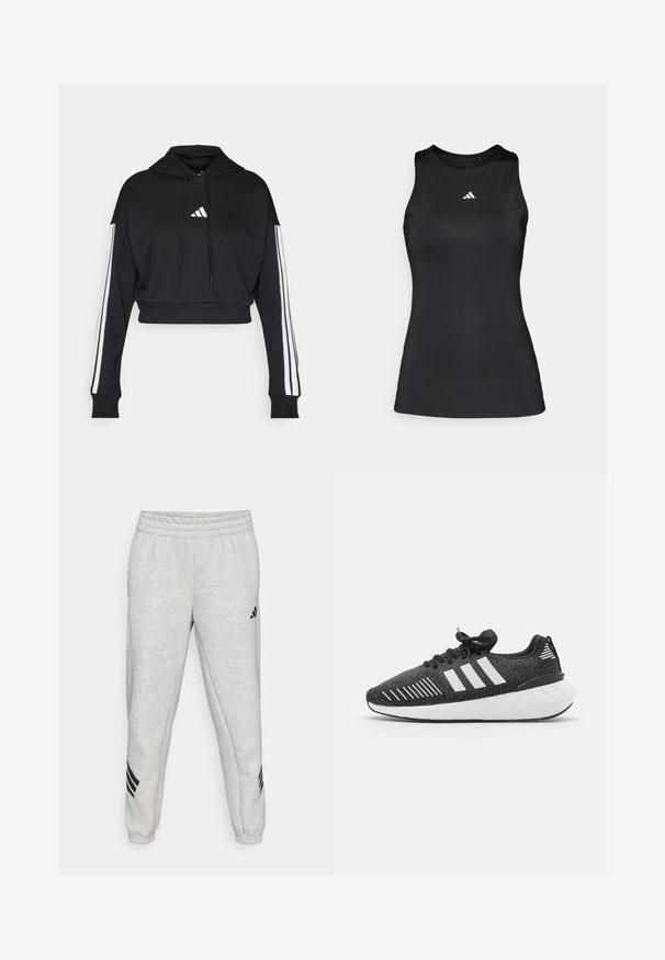 Zwarte cropped hoodie met een voorste kangaroo zak, verstelbare trekkoorden en witte drie-strepen accenten op de mouwen. Bevat een logo.; Zwart mouwloos sporttop gemaakt van gladde stof. Heeft een ronde halslijn en een klein wit Adidas-logo op de borst.; Lichtgrijze sweatpants met een geribbelde elastische tailleband, taps toelopende pijpen en drie zwarte diagonale strepen nabij de manchetten. Soepele textuur.; Zwarte sport schoenen met een gestructureerde bovenkant, witte drie-strepen ontwerp, rubberen zool en contrasterende witte accenten op de hiel.