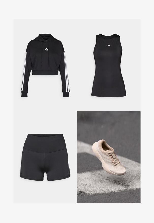 Sort cropped hoodie med en frontkangaroo-lomme, justerbare snore og hvide tre-stribe accenter på ærmerne. Har logo.; Sort ærmeløs atletisk top lavet af glat stof. Har en rund halsudskæring og et lille hvidt Adidas-logo på brystet.; Sorte atletikshorts med højt taljebånd, lavet af strækstof. Har hvide sidelommer og flatlock-sømme for komfort.; Beige atletiksko med en struktureret overdel, glat sål og rosa accenter. Har perforeringer for åndbarhed og flade snørebånd.