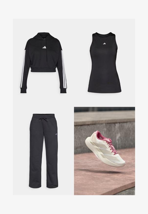 Sort cropped hoodie med en frontkangaroo-lomme, justerbare snore og hvide tre-stribe accenter på ærmerne. Har logo.; Sort ærmeløs atletisk top lavet af glat stof. Har en rund halsudskæring og et lille hvidt Adidas-logo på brystet.; Sorte joggingbukser af blødt stof med elastisk talje, snøre og en lille logo på venstre ben.; Lys beige og lyserød løbesko med polstret sål, lyserøde snører og tre beige striber svævende over en stenet overflade.