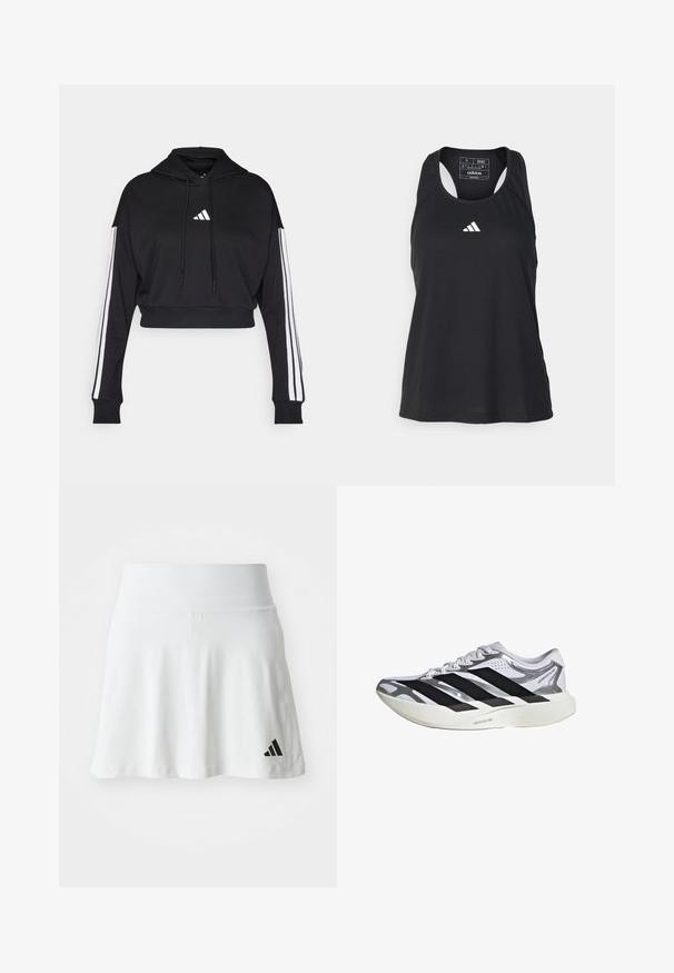 Sort cropped hoodie med en frontkangaroo-lomme, justerbare snore og hvide tre-stribe accenter på ærmerne. Har logo.; Sort ærmeløs atletisk tanktop med rund halsudskæring og hvidt logo på brystet. Fremstillet af et glat, let materiale.; Hvid atletisk nederdel med en blød tekstur, udvidet design og sort Adidas-logoaccent nederst til venstre. Glat, elastisk taljebånd.; Hvid og sølvfarvet løbesko med sorte striber, hvide snørebånd og tyk hvid sål mærket "Lightstrike Pro."