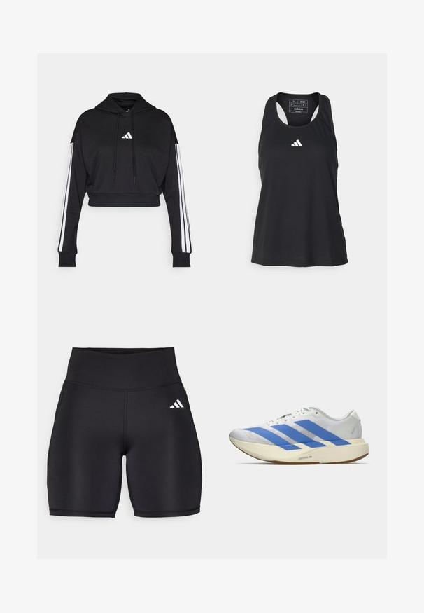 Hoodie court noir avec une poche kangourou à l'avant, des cordons de serrage ajustables et des accents blancs à trois bandes sur les manches. Comprend un logo.; Débardeur de sport noir sans manches avec un col rond et un logo blanc sur la poitrine. Fabriqué en tissu lisse et léger.; Shorts de sport noirs en tissu extensible, dotés d'une taille haute, d'une texture lisse et d'un logo à trois bandes blanches sur le côté.; Chaussure de course blanche avec trois bandes bleues, semelle épaisse beige clair marquée "Lightstrike Pro," et lacets blancs sur un fond uni.