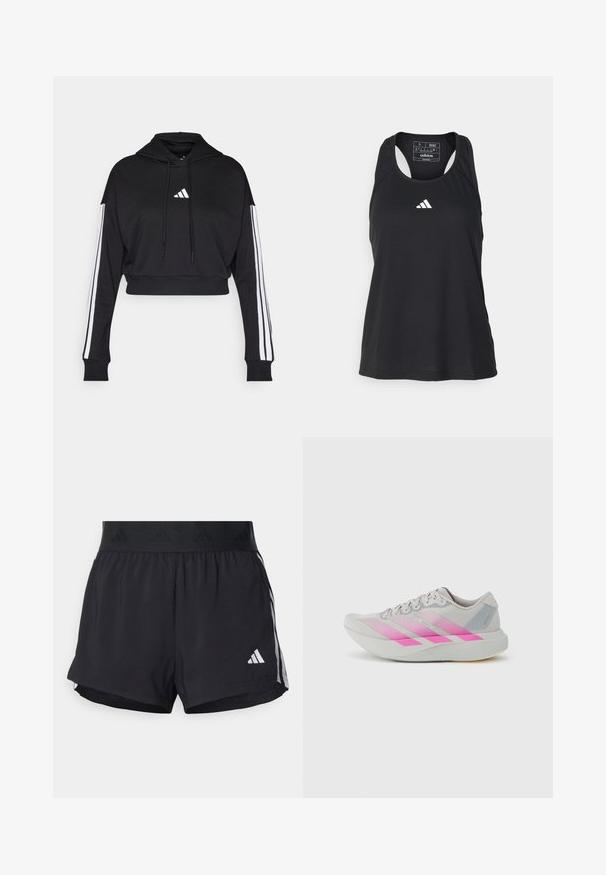 Sort cropped hoodie med en frontkangaroo-lomme, justerbare snore og hvide tre-stribe accenter på ærmerne. Har logo.; Sort ærmeløs atletisk tanktop med rund halsudskæring og hvidt logo på brystet. Fremstillet af et glat, let materiale.; Sorte sport shorts med elastisk talje, der har et tekstureret bånd, sidestreger og et hvidt Adidas-logo på den nederste kant.; Lysegrå løbesko med pink gradientstriber, rund tå, tekstureret overdel og flad sål med diskrete accenter og logodetaljer.