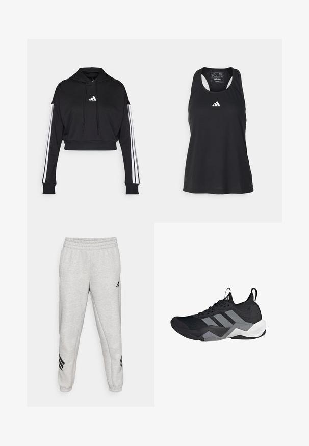 Schwarzer, kurz geschnittener Hoodie mit einer vorderen Kängurutasche, verstellbaren Kordelzügen und weißen Drei-Streifen-Akzenten an den Ärmeln. Mit Logo.; Schwarzes ärmelloses Sport-Tanktop mit rundem Ausschnitt und weißem Logo auf der Brust. Hergestellt aus einem glatten, leichten Stoff.; Hellgraue Jogginghose mit einem gerippten elastischen Bund, schmal zulaufenden Beinen und drei schwarzen diagonalen Streifen nahe den Bündchen. Glatte Textur.; Schwarzer Sportschuh mit einem atmungsaktiven Mesh-Obermaterial, grauen Akzenten, strukturiertem Sohlenprofil und drei markanten Streifen an der Seite.