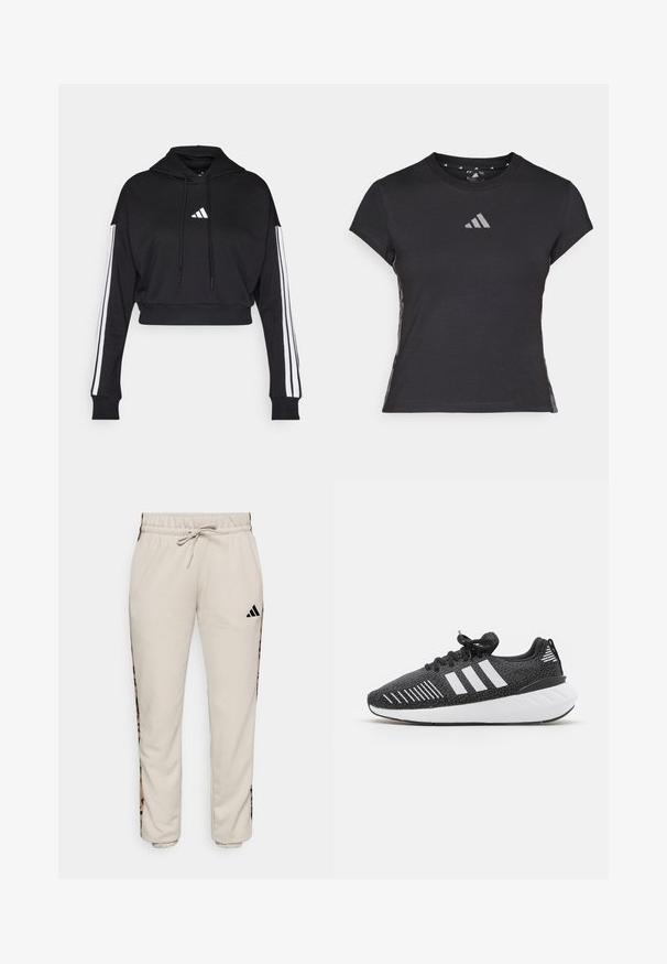 Sudadera corta negra con bolsillo tipo canguro frontal, cordones ajustables y acentos de tres rayas blancas en las mangas. Presenta un logo.; Camiseta atlética negra de manga corta, con cuello redondo y un logo reflectante en el pecho. Presenta acentos laterales con patrón.; Pantalones de chándal color beige claro, confeccionados en un tejido suave, con una cintura ajustable con cordón y paneles laterales negros con un patrón de estampado de leopardo.; Zapatillas deportivas negras con parte superior texturizada, diseño de tres franjas blancas, suela de goma y acentos blancos en el talón.