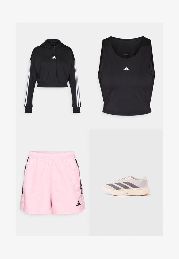 Must tee ülespoole lõigatud kapuutsiga, ees kangaroo tasku, reguleeritavad tõmblukud ja valged kolm riba varrukatel. Omab logo.; Mustmust sportlik crop tops, mis on valmistatud niiskust eemal hoidvast kangast, ümmarguse kaelaaugu, varrukateta disaini ja valge logoga rinnal.; adidas Sportswear TIRO - Spordišortsid - true pink/black; Kerged sporditossud helelilla ja halli toonis, millel on võrguline pealmine osa, kolm tumedat triipu ning paks kreemjas tallaosa, millel on silt "LIGHTSTRIKE PRO".