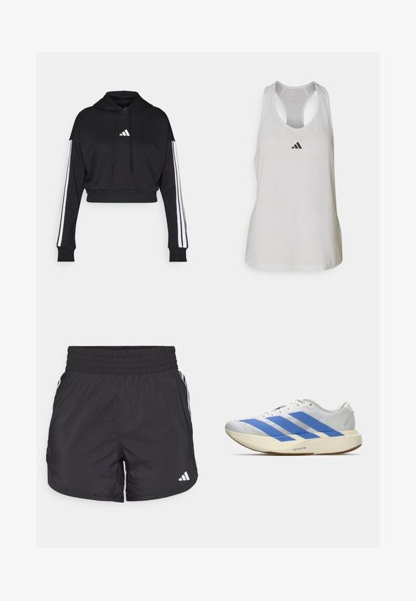 Zwarte cropped hoodie met een voorste kangaroo zak, verstelbare trekkoorden en witte drie-strepen accenten op de mouwen. Bevat een logo.; Witte sportieve tanktop van lichtgewicht stof met een racerback ontwerp en een klein zwart logo op de borst.; Zwarte sportieve shorts met een elastische tailleband, zijzakken en witte streepaccenten aan de zijkanten. Gemaakt van lichtgewicht materiaal.; Witte hardloopschoen met drie blauwe strepen, lichtbeige dikke zool met label "Lightstrike Pro," en witte veters op een effen achtergrond.