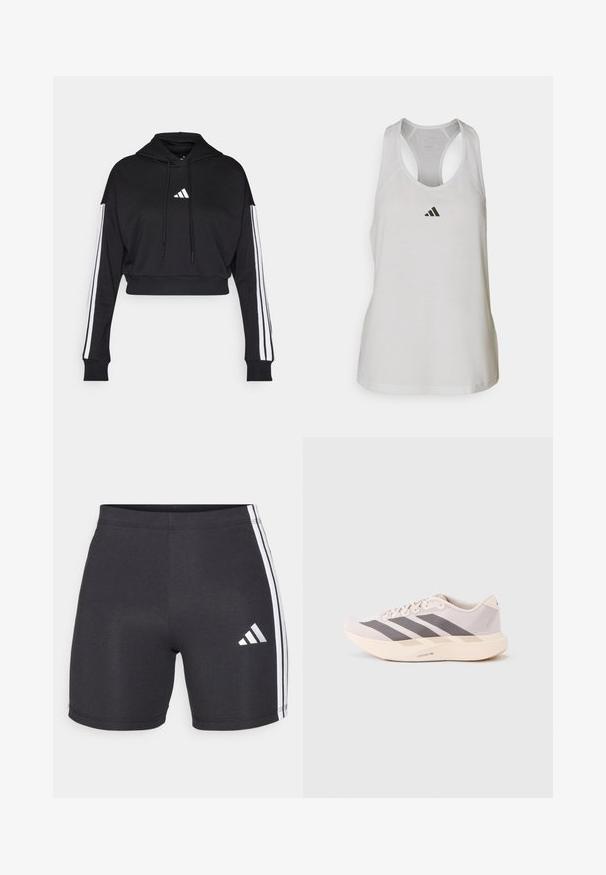 Must tee ülespoole lõigatud kapuutsiga, ees kangaroo tasku, reguleeritavad tõmblukud ja valged kolm riba varrukatel. Omab logo.; Valge sportlik tank-top, mis on valmistatud kergest kangast, millel on jooksjakraega disain ja väike must logo rinna kohal.; Mustandist valmistatud sportlikud lühikesed püksid, millel on veniv kangas, valged külgtriibud ja Adidas logo paremas alumises jalas. Sile tekstuur.; Kerged sporditossud helelilla ja halli toonis, millel on võrguline pealmine osa, kolm tumedat triipu ning paks kreemjas tallaosa, millel on silt "LIGHTSTRIKE PRO".