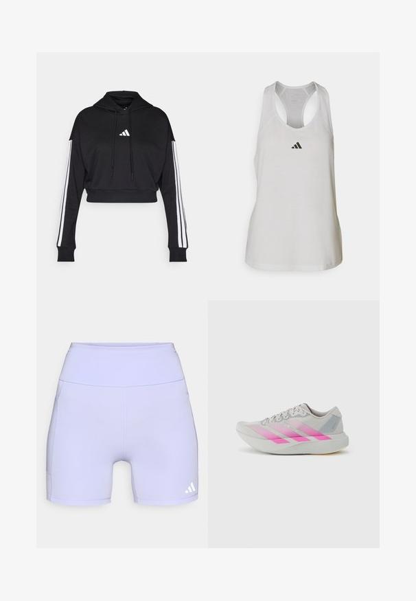 Μαύρο κοντό hoodie με μπροστινή τσέπη καγκουρό, ρυθμιζόμενα κορδόνια και λευκές τρεις ρίγες στα μανίκια. Περιλαμβάνει λογότυπο.; Λευκή αθλητική αμάνικη μπλούζα φτιαγμένη από ελαφρύ ύφασμα, με σχέδιο racerback και ένα μικρό μαύρο λογότυπο στο στήθος.; Λιλά αθλητικά σορτς φτιαγμένα από εύκαμπτο ύφασμα, με ψηλό μέσο και πλαϊνές ραφές, διακοσμημένα με λευκό λογότυπο στο κάτω μέρος.; Ανοιχτό γκρι παπούτσι για τρέξιμο με ροζ ρίγες σε αποχρώσεις, στρογγυλεμένη μύτη, υφασμένο επάνω μέρος και επίπεδη σόλα με διακριτικές λεπτομέρειες και λογότυπο.