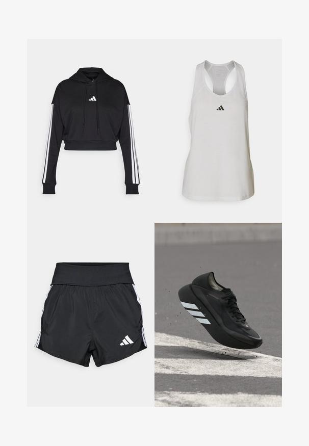 Hoodie court noir avec une poche kangourou à l'avant, des cordons de serrage ajustables et des accents blancs à trois bandes sur les manches. Comprend un logo.; Débardeur de sport blanc en tissu léger avec un dos nageur et un petit logo noir sur la poitrine.; Shorts de sport noirs en matériau léger, avec une large taille élastique, des bandes blanches sur les côtés et un petit logo blanc en bas de l'ourlet.; Chaussure de course noire avec des bandes blanches sur la semelle, flottant au-dessus de l'asphalte avec des marquages routiers blancs, soulevant de petits débris.