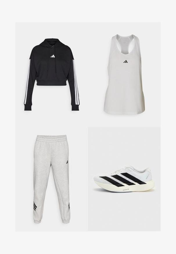Must tee ülespoole lõigatud kapuutsiga, ees kangaroo tasku, reguleeritavad tõmblukud ja valged kolm riba varrukatel. Omab logo.; Valge sportlik tank-top, mis on valmistatud kergest kangast, millel on jooksjakraega disain ja väike must logo rinna kohal.; Heledad hallid spordipüksid ribatud paeltega, kitsenevad sääred ja kolm musta diagonaalset triipu pahkluude lähedal. Sile tekstuur.; Valge jooksujalanõu musta kolme triibu disainiga küljel ja paksu valge tallaga, millel on silt "Lightstrike Pro" ühtlasel taustal.