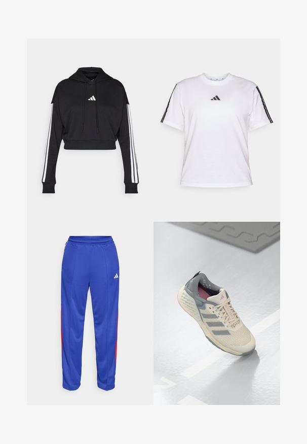 Sudadera corta negra con bolsillo tipo canguro frontal, cordones ajustables y acentos de tres rayas blancas en las mangas. Presenta un logo.; Camiseta de algodón blanca con cuello redondo, mangas cortas y acentos de tres rayas negras en los hombros, con un logo de Adidas en el pecho.; Pantalones deportivos azules con rayas laterales rojas, cinturilla elástica y un pequeño logo blanco en la parte superior de la pierna izquierda. Tela suave y ligera.; Zapatilla deportiva beige con acentos grises, parte superior de malla y suela texturizada. Cuenta con tres rayas grises y detalles interiores en rosa.