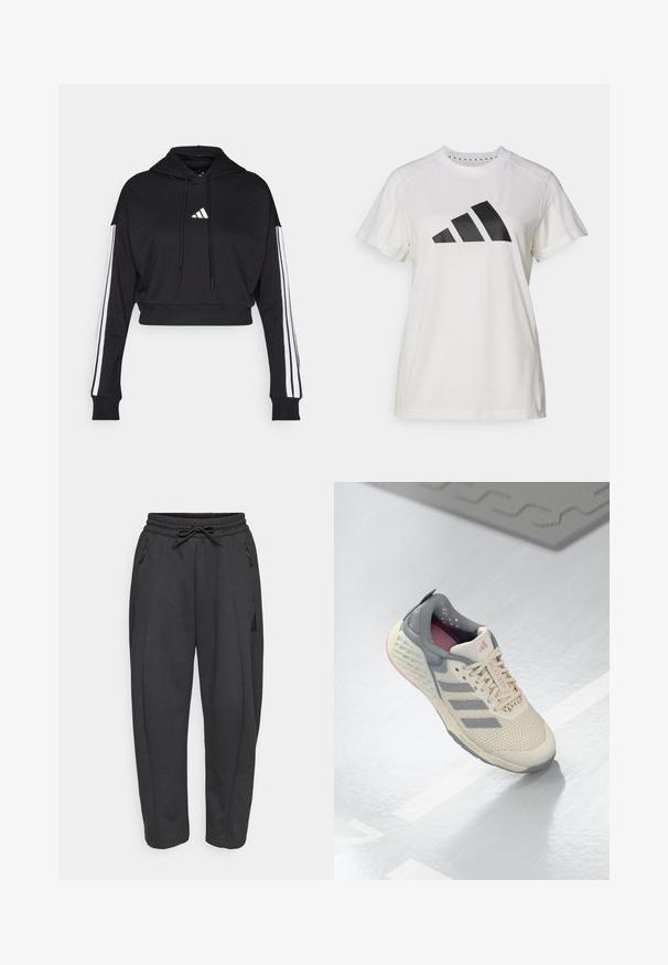 Sudadera corta negra con bolsillo tipo canguro frontal, cordones ajustables y acentos de tres rayas blancas en las mangas. Presenta un logo.; Camiseta atlética blanca de tejido suave. Presenta mangas cortas y un gran logotipo negro de Adidas con tres rayas debajo.; Pantalones deportivos negros con cintura elástica, cordón ajustable, bolsillos con cremallera en los lados y piernas ajustadas. Fabricados con un tejido suave y texturizado.; Zapatilla deportiva beige con acentos grises, parte superior de malla y suela texturizada. Cuenta con tres rayas grises y detalles interiores en rosa.
