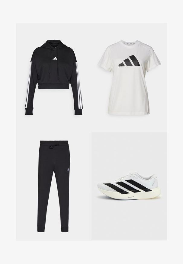 Sudadera corta negra con bolsillo tipo canguro frontal, cordones ajustables y acentos de tres rayas blancas en las mangas. Presenta un logo.; Camiseta atlética blanca de tejido suave. Presenta mangas cortas y un gran logotipo negro de Adidas con tres rayas debajo.; Pantalones deportivos negros hechos de una tela suave, con cintura elástica y cordón, piernas ajustadas y un pequeño logo blanco de Adidas en el muslo izquierdo.; Zapatilla de running blanca con diseño negro de tres franjas en el lateral y suela blanca gruesa con la etiqueta "Lightstrike Pro" sobre fondo liso.