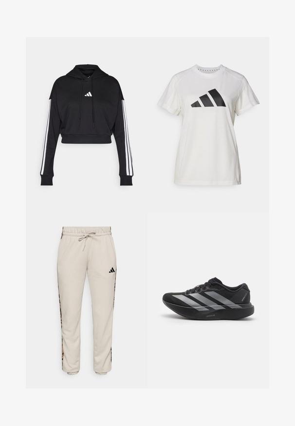 Sudadera corta negra con bolsillo tipo canguro frontal, cordones ajustables y acentos de tres rayas blancas en las mangas. Presenta un logo.; Camiseta atlética blanca de tejido suave. Presenta mangas cortas y un gran logotipo negro de Adidas con tres rayas debajo.; Pantalones de chándal color beige claro, confeccionados en un tejido suave, con una cintura ajustable con cordón y paneles laterales negros con un patrón de estampado de leopardo.; Zapatilla de running negra con rayas plateadas, suela gruesa y acolchada etiquetada como "Lightstrike Pro", vista lateral sobre fondo blanco.