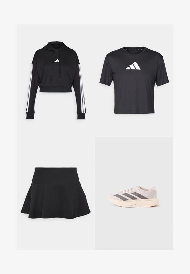 Μαύρο κοντό hoodie με μπροστινή τσέπη καγκουρό, ρυθμιζόμενα κορδόνια και λευκές τρεις ρίγες στα μανίκια. Περιλαμβάνει λογότυπο.; Μαύρο κοντό μπλουζάκι φτιαγμένο από λεία ύλη, διαθέτει λευκό λογότυπο Adidas στο στήθος, στρογγυλή λαιμόκοψη και κοντά μανίκια.; adidas Sportswear SKIRT - Αθλητική φούστα - black; Ελαφριά αθλητικά παπούτσια σε ανοιχτό ροζ και γκρι, με πλέγμα επάνω μέρος, τρεις σκούρες ρίγες και παχύ κρεμ σόλα με την ετικέτα "LIGHTSTRIKE PRO".