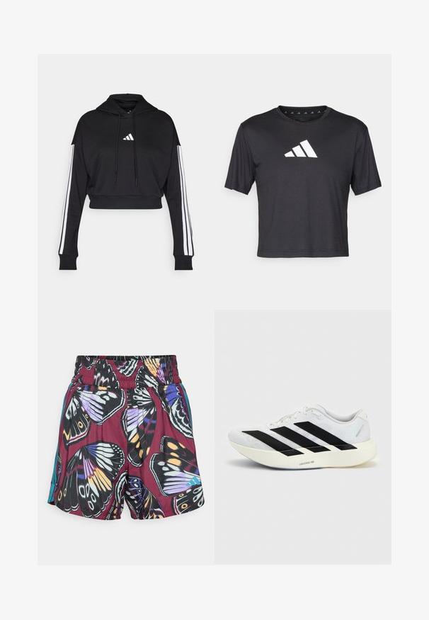Hoodie court noir avec une poche kangourou à l'avant, des cordons de serrage ajustables et des accents blancs à trois bandes sur les manches. Comprend un logo.; T-shirt noir court en tissu lisse, avec un logo Adidas blanc sur la poitrine, un col rond et des manches courtes.; Un short orné d'un imprimé papillon vibrant dans des nuances de violet, noir et orange. Taille élastique avec de subtils accents latéraux en turquoise.; Chaussure de running blanche avec motif trois bandes noires sur le côté et semelle blanche épaisse étiquetée "Lightstrike Pro" sur fond uni.