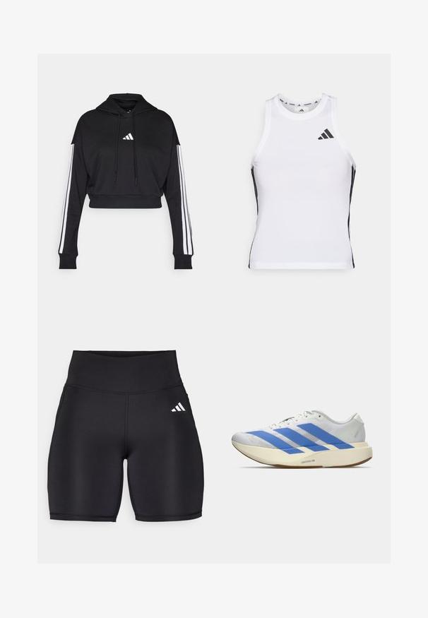 Schwarzer, kurz geschnittener Hoodie mit einer vorderen Kängurutasche, verstellbaren Kordelzügen und weißen Drei-Streifen-Akzenten an den Ärmeln. Mit Logo.; Weißes sportliches Tanktop mit schwarzen Seitenakzenten und Logo. Verfügt über einen rund ausgeschnittenen Halsausschnitt und eine figurbetonte Passform, hergestellt aus leichtem, atmungsaktivem Material.; Schwarze Sportshorts aus elastischem Material, mit hohem Bund, glatter Textur und einem weißen Dreistreifen-Logo an der Seite.; Weißer Laufschuh mit drei blauen Streifen, hellbeiger dicker Sohle mit der Aufschrift "Lightstrike Pro," und weißen Schnürsenkeln vor einfachem Hintergrund.