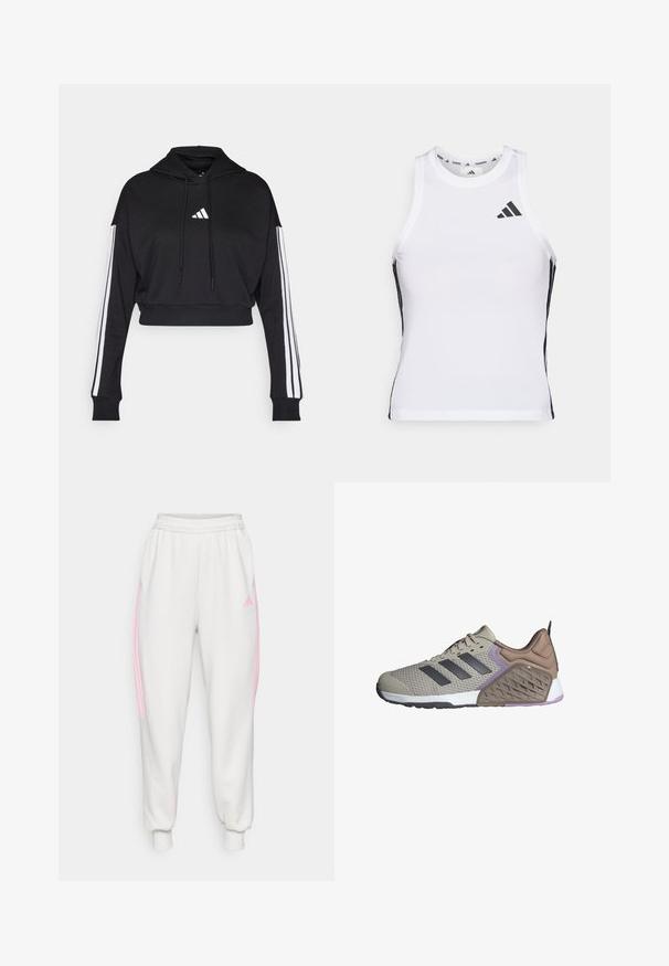 Zwarte cropped hoodie met een voorste kangaroo zak, verstelbare trekkoorden en witte drie-strepen accenten op de mouwen. Bevat een logo.; Witte sportieve tanktop met zwarte zijaccenten en logo. Heeft een ronde halslijn en een getailleerd design, gemaakt van lichtgewicht, ademend materiaal.; Witte sweatpants met elastische boorden bij de enkels, roze zijkanten en een klein roze Adidas-logo op de bovenste linkerdij.; Beige sportieve schoen met grijze accenten, textuur-mesh bovenwerk, gevoerd randje en een dual-density zool met een gestructureerd ontwerp en paarse details.