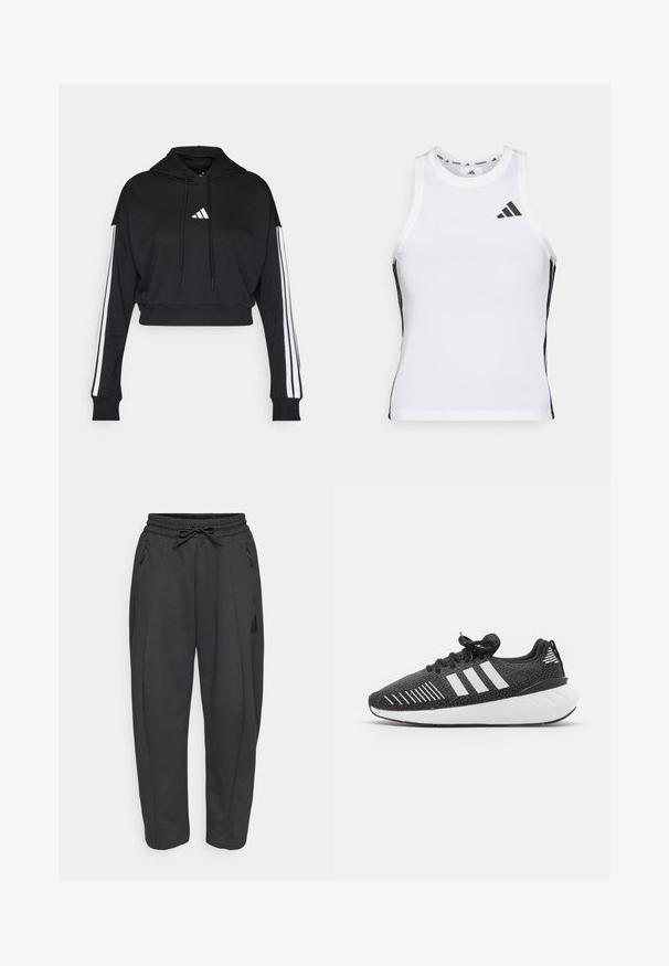 Sort cropped hoodie med en frontkangaroo-lomme, justerbare snore og hvide tre-stribe accenter på ærmerne. Har logo.; Hvid athletic tanktop med sorte sideaccentuer og logo. Har en scoop-neckline og tætsiddende design, lavet af letvægts, åndbart materiale.; Sorte træningsbukser med elastisk talje, snor, sidelommer med lynlås og tapered ben. Fremstillet af et blødt, struktureret stof.; Sorte sportssko med en struktureret overdel, hvidt tre-stribe-design, gummiydersål og kontrasterende hvide detaljer på hælen.