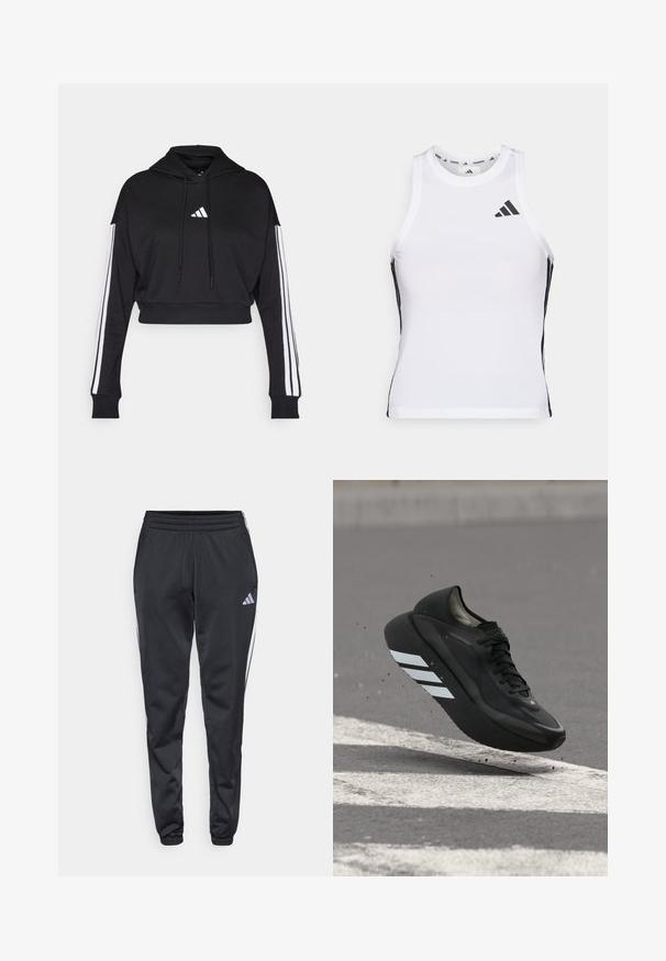 Hoodie court noir avec une poche kangourou à l'avant, des cordons de serrage ajustables et des accents blancs à trois bandes sur les manches. Comprend un logo.; Débardeur de sport blanc avec des accents latéraux noirs et un logo. Il présente une encolure arrondie et un design ajusté, fabriqué en matériau léger et respirant.; Pantalons de sport noirs avec une taille élastique, des jambes effilées et des bandes latérales blanches. Présente un petit logo gris en forme de trèfle sur la cuisse gauche.; Chaussure de course noire avec des bandes blanches sur la semelle, flottant au-dessus de l'asphalte avec des marquages routiers blancs, soulevant de petits débris.