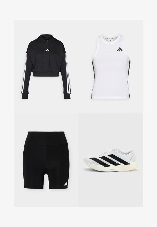 Hoodie court noir avec une poche kangourou à l'avant, des cordons de serrage ajustables et des accents blancs à trois bandes sur les manches. Comprend un logo.; Débardeur de sport blanc avec des accents latéraux noirs et un logo. Il présente une encolure arrondie et un design ajusté, fabriqué en matériau léger et respirant.; Short de sport noir taille haute avec un petit logo Adidas blanc sur la partie inférieure gauche de la jambe et des poches latérales sur un fond uni.; Chaussure de running blanche avec motif trois bandes noires sur le côté et semelle blanche épaisse étiquetée "Lightstrike Pro" sur fond uni.