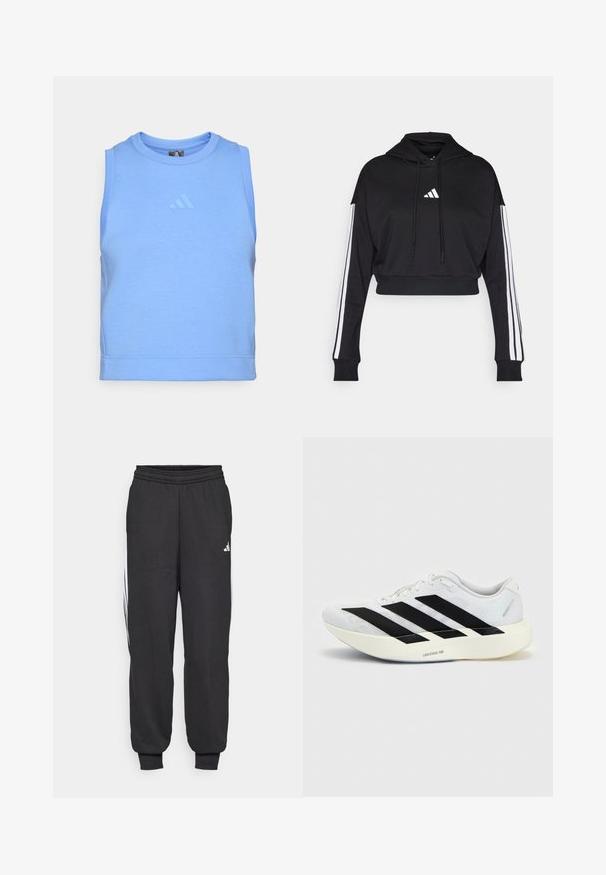 Sudadera corta negra con bolsillo tipo canguro frontal, cordones ajustables y acentos de tres rayas blancas en las mangas. Presenta un logo.; Top atlético sin mangas azul hecho de una suave tela elástica. Presenta un escote redondo y un logotipo tonal en la parte delantera.; Pantalones deportivos negros con cintura elástica, tobillos ajustados y franjas laterales blancas. Fabricados con un tejido suave y de textura lisa.; Zapatilla de running blanca con diseño negro de tres franjas en el lateral y suela blanca gruesa con la etiqueta "Lightstrike Pro" sobre fondo liso.