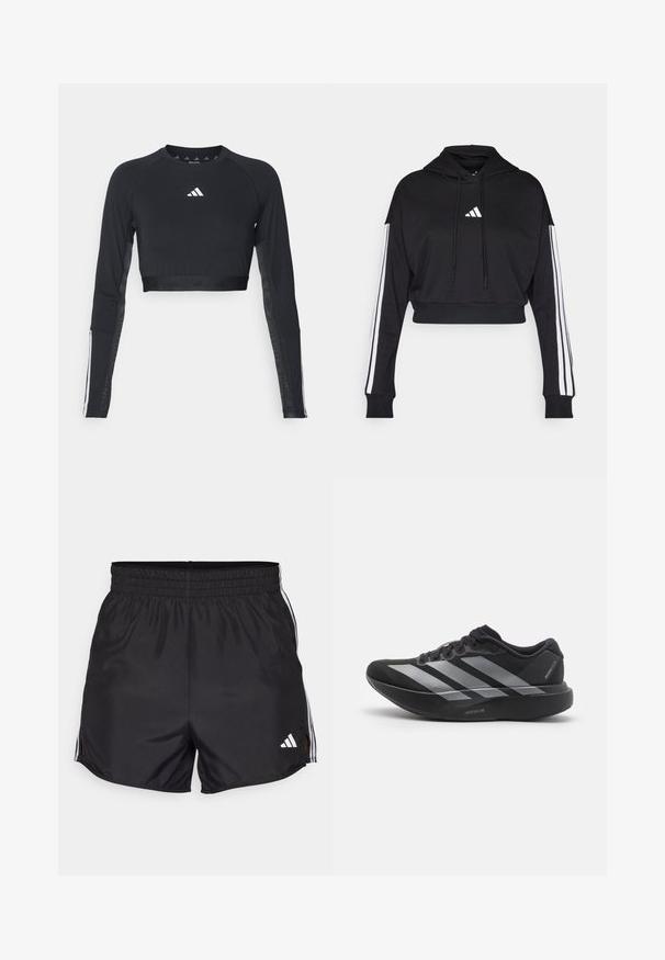 Sort cropped hoodie med en frontkangaroo-lomme, justerbare snore og hvide tre-stribe accenter på ærmerne. Har logo.; Sort cropped træningstop med lange ærmer lavet af glat stof. Har et hvidt logo på brystet og stribede detaljer på ærmerne.; Sort atletiske shorts med elastisk talje, sideslids og hvide tre-stribes detaljer. Har et lille hvidt logo nederst til højre.; Sort løbesko med sølvstriber, tyk polstret sål mærket "Lightstrike Pro," set fra siden på hvid baggrund.