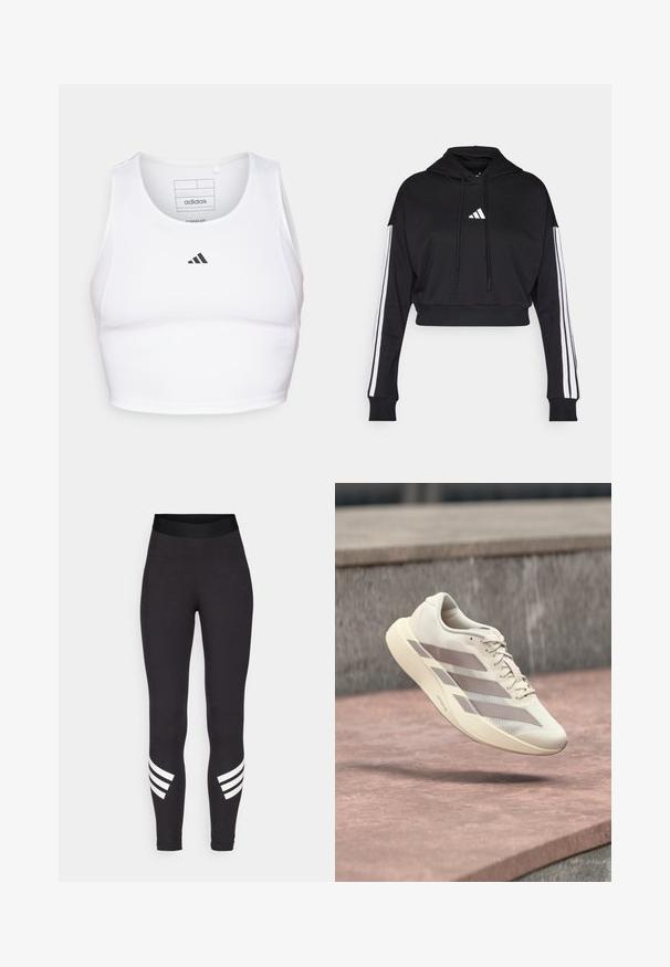 Μαύρο κοντό hoodie με μπροστινή τσέπη καγκουρό, ρυθμιζόμενα κορδόνια και λευκές τρεις ρίγες στα μανίκια. Περιλαμβάνει λογότυπο.; Άσπρο αθλητικό crop top από ελαφρύ, αναπνεύσιμο ύφασμα. Διαθέτει δικτυωτές πλευρικές πάνελ και μαύρο κεντητό λογότυπο στο στήθος.; Μαύρα κολάν από ελαστικό ύφασμα, με φαρδύ κορδόνι στη μέση και τρεις λευκές οριζόντιες ρίγες κοντά στους κάτω πήχεις.; Αθλητικό παπούτσι εκρού με ραβδώσεις σε αποχρώσεις του ταουπ, αιωρούμενο πάνω από επιφάνεια με πλακάκια κόκκινο-καφέ και φόντο από γκρίζο πέτρινο υλικό.