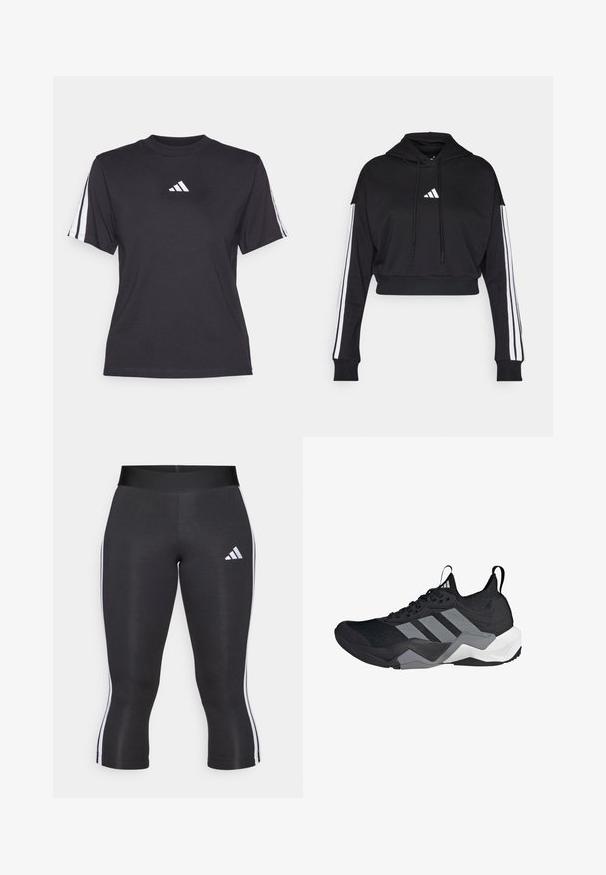 Schwarzer, kurz geschnittener Hoodie mit einer vorderen Kängurutasche, verstellbaren Kordelzügen und weißen Drei-Streifen-Akzenten an den Ärmeln. Mit Logo.; Schwarzes Sport-T-Shirt aus weichem Material, mit Rundhalsausschnitt, kurzen Ärmeln und drei weißen Streifen auf jeder Schulter. Weißes Logo auf der Brust.; Schwarze Capri-Leggings mit breitem Bund, versehen mit weißen seitlichen Streifen und einem weißen Adidas-Logo auf dem linken Oberschenkel. Glatte Textur.; Schwarzer Sportschuh mit einem atmungsaktiven Mesh-Obermaterial, grauen Akzenten, strukturiertem Sohlenprofil und drei markanten Streifen an der Seite.