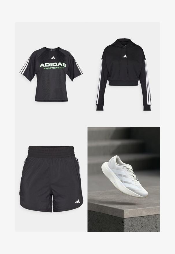 Schwarzer, kurz geschnittener Hoodie mit einer vorderen Kängurutasche, verstellbaren Kordelzügen und weißen Drei-Streifen-Akzenten an den Ärmeln. Mit Logo.; Schwarzes Sportshirt mit einem strukturierten Muster, ausgestattet mit einem grünen "ADIDAS SPORTSWEAR"-Logo und drei weißen Streifen an jedem Ärmel.; Schwarze Sportshorts mit elastischem Bund, seitlichen Taschen und weißen Streifenakzenten an den Seiten. Hergestellt aus leichtem Material.; Weißer Sportschuh mit strukturiertem Obermaterial, drei seitlichen Streifen, gepolsterter Sohle und abgerundetem Zehenbereich, positioniert über einer Betonfläche.