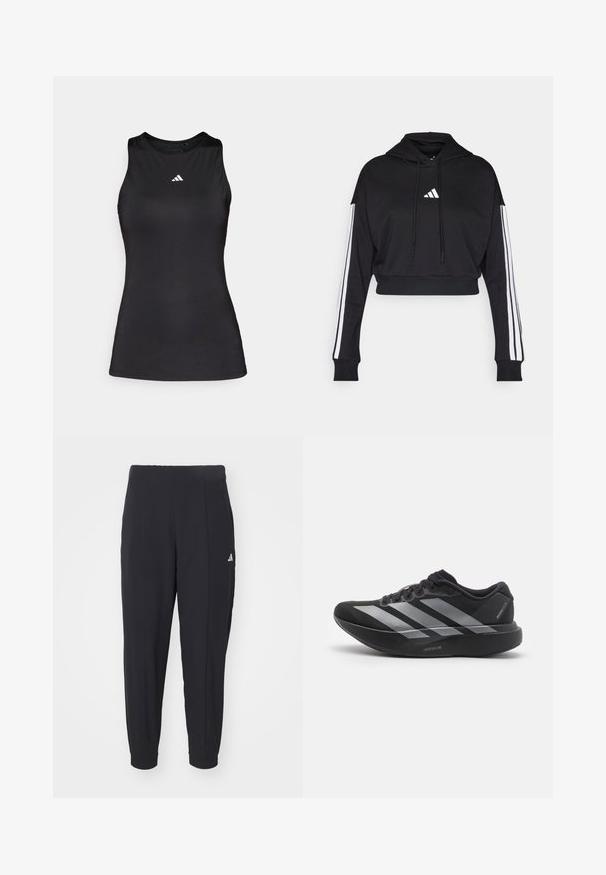 Hoodie court noir avec une poche kangourou à l'avant, des cordons de serrage ajustables et des accents blancs à trois bandes sur les manches. Comprend un logo.; Débardeur de sport noir sans manches en tissu lisse. Il présente un col rond et un petit logo Adidas blanc sur la poitrine.; Pantalons de sport noirs en tissu lisse. Design ajusté avec des poignets élastiques. Présente un petit logo blanc sur la hanche gauche.; Chaussure de course noire avec des rayures argentées, semelle épaisse rembourrée étiquetée "Lightstrike Pro," vue de côté sur fond blanc.