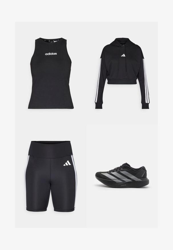 Zwarte cropped hoodie met een voorste kangaroo zak, verstelbare trekkoorden en witte drie-strepen accenten op de mouwen. Bevat een logo.; Zwart mouwloos topje van katoen, met een ronde halslijn en wit "adidas" logo gecentreerd op de borst. Gladde textuur, reguliere pasvorm.; Zwarte sportieve shorts met een hoge tailleband, witte zijstripes en een klein wit logo. Glad materiaal met een aansluitend ontwerp.; Zwarte hardloopschoen met zilveren strepen, dikke gedempte zool met het label "Lightstrike Pro," zijaanzicht op witte achtergrond.