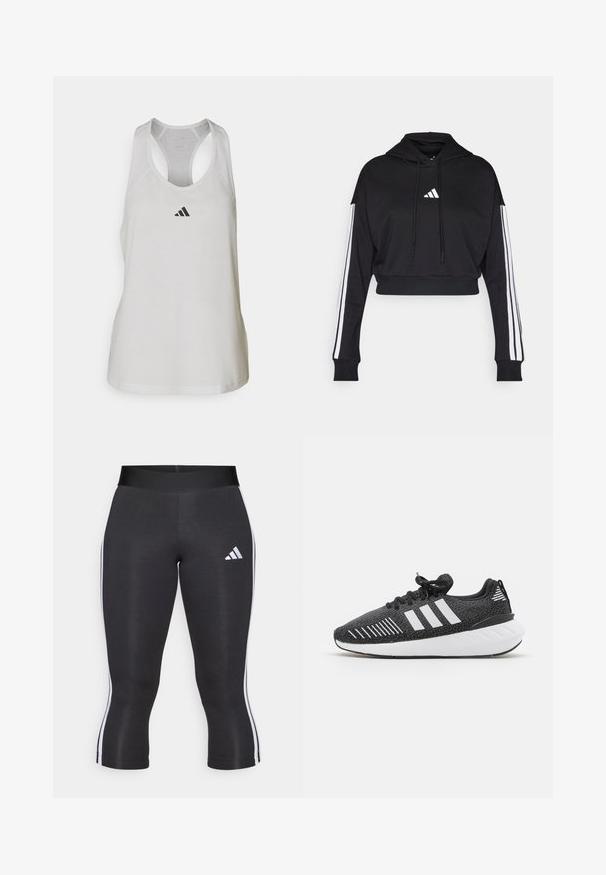 Hoodie court noir avec une poche kangourou à l'avant, des cordons de serrage ajustables et des accents blancs à trois bandes sur les manches. Comprend un logo.; Débardeur de sport blanc en tissu léger avec un dos nageur et un petit logo noir sur la poitrine.; Leggings capri noirs avec une large taille, présentant des rayures blanches sur les côtés et un logo Adidas blanc sur la cuisse gauche. Texture lisse.; Chaussures de sport noires avec un dessus texturé, design à trois bandes blanches, semelle en caoutchouc et accents blancs contrastants sur le talon.