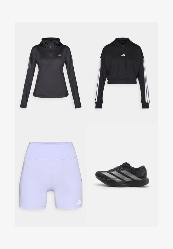 Sudadera corta negra con bolsillo tipo canguro frontal, cordones ajustables y acentos de tres rayas blancas en las mangas. Presenta un logo.; Sudadera atlética negra de manga larga con Media cremallera, tejido texturizado, capucha ajustable y franjas reflectantes en las mangas. Presenta un logotipo en el pecho.; Shorts deportivos lilas hechos de una tela elástica, con una cintura alta y costuras laterales, y un acento de logo blanco en el lado inferior.; Zapatilla de running negra con rayas plateadas, suela gruesa y acolchada etiquetada como "Lightstrike Pro", vista lateral sobre fondo blanco.