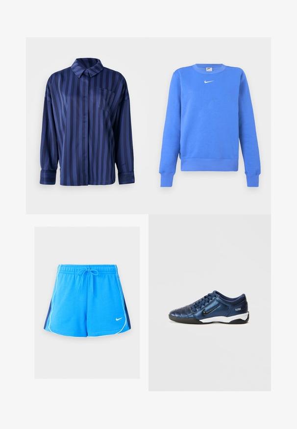 Sinine fliis, mis on valmistatud puuvillasegust, sisaldab soonikutega ümar kaelus, pikaid varrukaid ja rinna peal valget Nike logo.; Tumesinise triibuline särk krae, rinna tasku ja pikkade varrukatega. Valmistatud siledast, läikivast kangast, millel on vabalt langev lõige.; Sinised spordipüksid valgete äärtega, tumesinised küljetaskud, elastse vöökohaga, nööriga ja väike valge Nike logo ees.; Sinine sünteetilisest materjalist sportlik toss, millel on quiltitud disain, must logo ja valge tallaosa. Omab paelaga kinnitust ja madalat profiili.