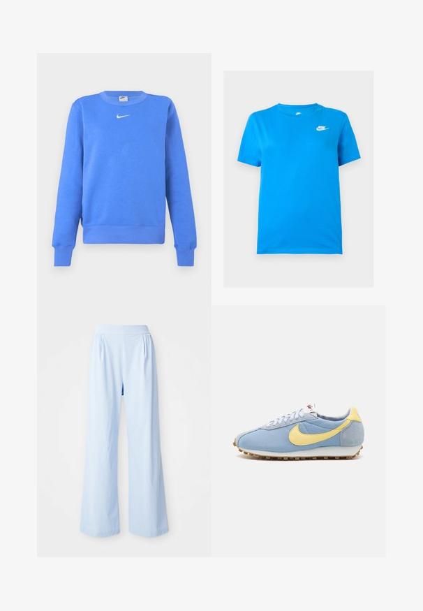 Blå sweatshirt lavet af bomuldsblanding med ribstrikket rund halsudskæring, lange ærmer og en hvid Nike-logo på brystet.; Blå kortærmet Nike T-shirt med rund hals og hvidt Nike-logo på øverste venstre bryst mod en ensfarvet baggrund.; Lyseblå bredbenede bukser med en glat tekstur, elastisk talje og plisserede detaljer på fronten. Fremstillet af et blødt stof.; Blå mesh- og ruskinds-sneakers med gul Nike swoosh, hvide snørebånd og lysebrun sål; klassisk atletisk design.