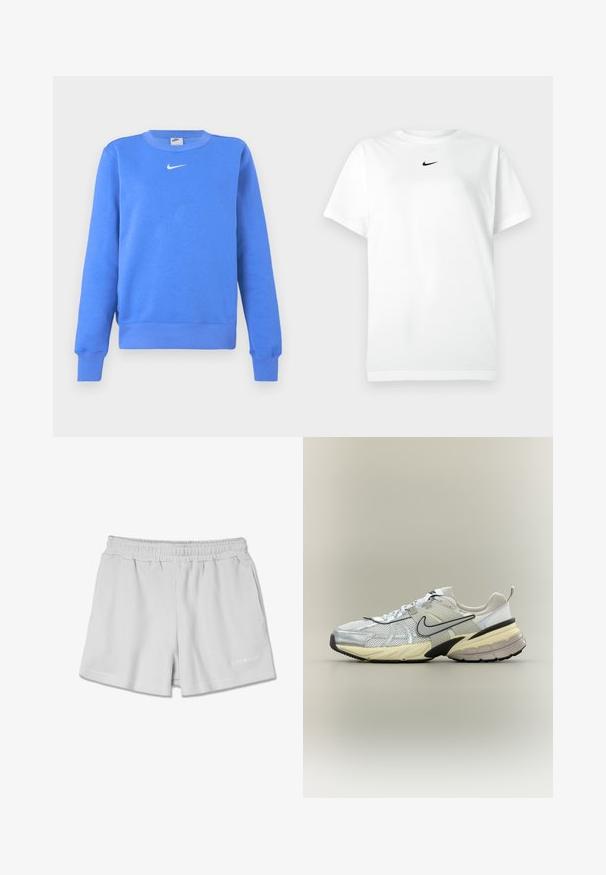 Sudadera azul de mezcla de algodón, con cuello redondo acanalado, mangas largas y un logo de Nike blanco en el pecho.; Camiseta de manga corta blanca con cuello redondo y pequeño logo de Nike en negro centrado debajo del escote.; Pantalones cortos de canalé gris claro con una cinturilla elástica, que presentan dos bolsillos laterales y un pequeño logo blanco en la parte inferior derecha.; Zapatilla Nike blanca y gris con parte superior de malla, logo swoosh negro, entresuela beige y suela negra sobre un fondo claro.