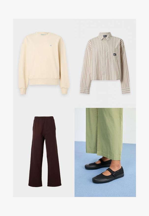 Sahnefarbener Pullover mit rundem Halsausschnitt, gerippten Bündchen und Saum, mit einem kleinen blauen Logo auf der linken Brust. Weiche Stoffstruktur.; Beige kurz geschnittenes Hemd mit Knöpfen, roten vertikalen Streifen, langen Ärmeln, Brusttasche und kleinem schwarz-weißem Logo-Aufnäher auf der Tasche.; Dunkelbraune weit geschnittene Hose mit elastischem Bund, seitlichen Taschen und geradem Saum vor schlichtem, hellem Hintergrund.; Schwarze Leinenschuhe mit runder Spitze, Gummisohle und einer Schnallenriemen. Kombiniert mit lockeren, hellgrünen Hosen.
