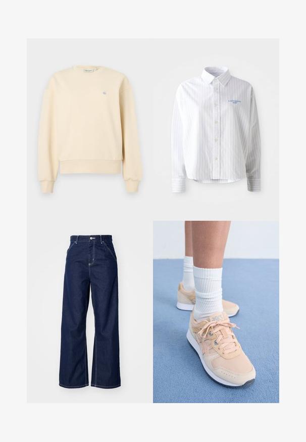 Sudadera color crema con escote redondo, puños y dobladillo acanalados, con un pequeño logo azul en el pecho izquierdo. Textura de tela suave.; Camisa blanca de botones con rayas verticales en azul claro, un cuello puntiagudo y un pequeño logo azul en el lado izquierdo del pecho. Tejido de algodón, corte relajado.; Jeans de pierna ancha en denim azul oscuro, con una cintura alta, costuras blancas en contraste y diseño tradicional de cinco bolsillos.; Zapatillas deportivas en color durazno claro con parte superior de textil, suela de goma blanca y diseño con cordones. Combinadas con calcetines blancos de canalé y colocadas sobre una superficie azul.
