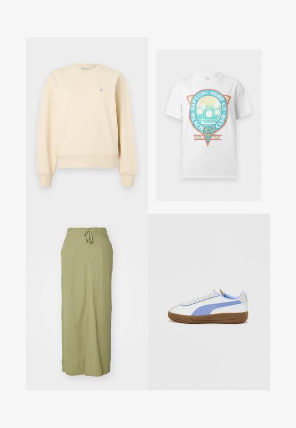 Sahnefarbener Pullover mit rundem Halsausschnitt, gerippten Bündchen und Saum, mit einem kleinen blauen Logo auf der linken Brust. Weiche Stoffstruktur.; Weißes kurzärmeliges T-Shirt mit farbigem "Ripcurl Surf Co Beach Club"-Logo mit Palmen, Sonne, Vögeln und dem Schriftzug "Surf & Sun Since 1969".; Olivgrüßer Leinen-Maxikleid mit Kordelzugbund, geradem Schnitt, seitlichen Taschen und glatter Textur.; Weißer und hellblauer Sneaker mit flachem Schnitt, brauner Sohle, Puma-Logo an der Seite und Ferse sowie weißen Schnürsenkeln vor einfachem Hintergrund.
