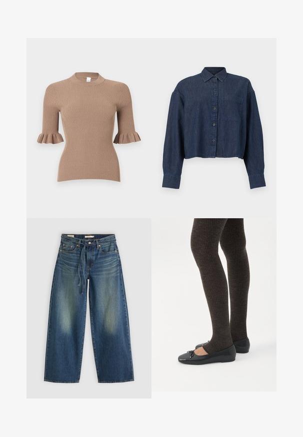 Top de punto beige con textura acanalada, mangas cortas que terminan en puños con volantes y escote redondo.; Camisa corta de mezclilla azul oscuro con mangas largas, botones delanteros, cuello y un solo bolsillo en el pecho sobre un fondo blanco.; Jeans de mezclilla de pierna ancha en azul oscuro con un diseño desgastado, que presentan una cinturilla con cordón y un estilo de cinco bolsillos.; Piernas con leggings oscuros acanalados combinados con bailarinas negras que presentan pequeños detalles de lazo sobre un fondo blanco.