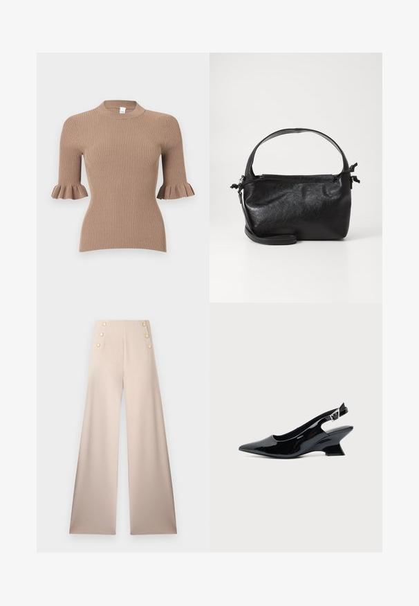 Haut en maille côtelée beige avec manches courtes se terminant par des poignets volantés et un col rond.; Pantalon beige à jambes larges, taille haute avec deux rangées verticales de trois boutons décoratifs dorés à l'avant.; Chaussure slingback en cuir verni noir avec bout pointu et petit talon bloc incliné sur fond clair uni.; Sac à main en cuir noir au design structuré, avec une poignée arrondie et une bandoulière amovible. Présente une texture lisse et un éclat subtil.