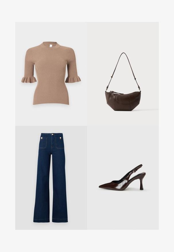 Beiges, geripptes Stricktop mit kurzen Ärmeln, die in gerüschten Bündchen enden, und rundem Ausschnitt.; Dunkelblaue, weit geschnittene Jeans mit hoher Taille, goldenen Knopf-Akzenten, zwei Taschen vorne und hinten sowie kontrastierenden Nähdetails. Texturiertem Denim-Stoff.; Braune lackleder Slingback-Absätze mit spitzem Zehen, einem dünnen Absatz und einem verstellbaren Riemen mit einer kleinen Schnalle.; Braune Leder-Schultertasche mit gewölbtem Boden und verstellbarem Riemen vor einfarbig hellem Hintergrund.