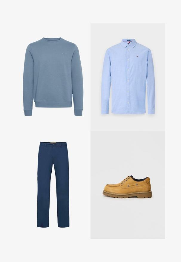 Sweat-shirt bleu en tissu doux et texturé. Design à col rond, manches longues et poignets côtelés. Détail du logo discret sur le devant.; Chemise bleu clair à col, manches longues et texture subtile ; présente un petit logo sur la zone du sein gauche.; Pantalon en coton bleu marine avec une coupe droite, doté d'une fermeture à boutons à l'avant et de poches latérales visibles. Texture lisse.; Chaussure d'homme en cuir tan à lacets avec bout mocassin, col matelassé et semelle en caoutchouc épaisse, vue de côté sur un fond uni.