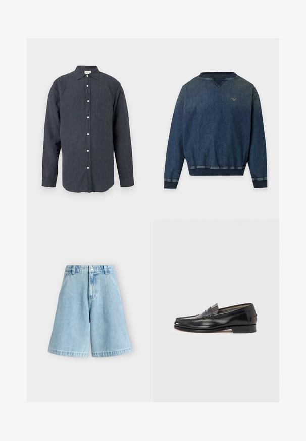 Sweat-shirt en denim bleu foncé à manches longues avec poignets, ourlet et col en côte, et petit logo brodé sur la poitrine gauche.; Chemise gris foncé à manches longues, boutonnée, avec un col et une seule poche poitrine, présentée sur un fond clair uni.; Short en jean bleu clair taille haute avec bouton et fermeture éclair à l'avant, passants pour ceinture et deux poches latérales.; Mocassins en cuir noir avec un design de style mocassin, présentant une bande décorative et un détail de couture sur le dessus. Talon bloc bas.