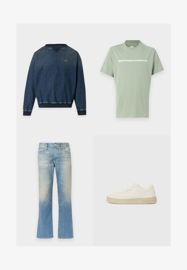Mørkeblå denim langærmet sweatshirt med ribstrikkede manchetter, kant, krave og lille broderet logo på venstre bryst.; Lysegrøn t-shirt med korte ærmer og rund hals, med hvid EMPORIO ARMANI-logo på brystet, vist på ensfarvet baggrund.; Lyseblå denim jeans med vidde, med en falmet finish, fem-lomme-design, lukkes med metal knap og lige sømme.; Hvide kanvas sneakers med en tekstureret gummisål, der har en syet tåhætte og logoaccent på hælen. Simpel snørebåndsdesign.