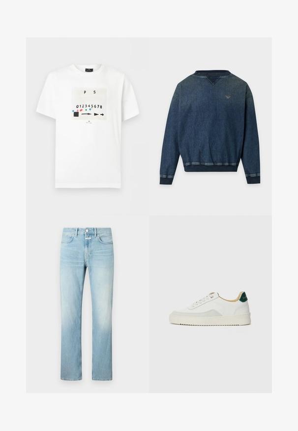 Sweat-shirt en denim bleu foncé à manches longues avec poignets, ourlet et col en côte, et petit logo brodé sur la poitrine gauche.; T-shirt blanc à manches courtes avec un motif imprimé de chiffres de 0 à 8, des points colorés, des flèches noires et un petit texte "PS Paul Smith" au centre avant.; Jean en denim bleu clair avec une coupe droite, doté d'un design classique à cinq poches et d'une fermeture à bouton.; Baskets blanches avec des accents en daim, bout arrondi, lacets plats et semelle en caoutchouc crème. Présente une marque verte sur le talon.