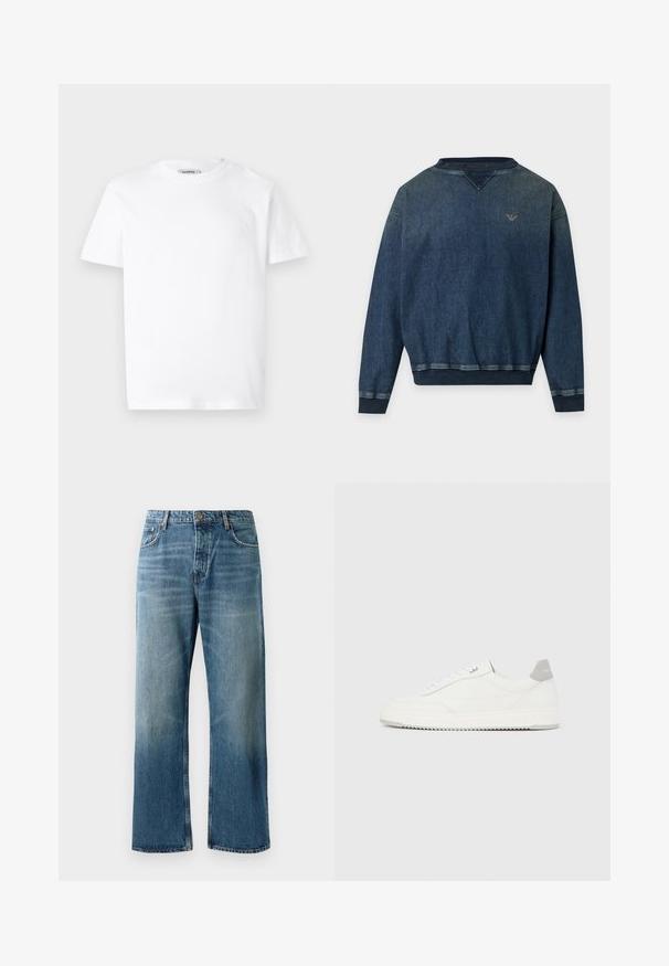Sweat-shirt en denim bleu foncé à manches longues avec poignets, ourlet et col en côte, et petit logo brodé sur la poitrine gauche.; T-shirt en coton blanc avec un col rond et des manches courtes. Présente un petit logo en relief sur la poitrine gauche. Texture lisse.; Jeans oversize bleu clair avec un délavage, featuring une fermeture à un bouton, cinq poches et des coutures contrastées.; Baskets basses blanches avec un onglet de talon gris, des lacets blancs et une semelle texturée, présentées sur un fond uni clair.