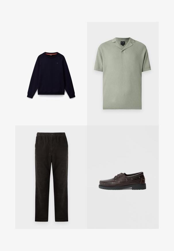 Marineblaues Sweatshirt mit langen Ärmeln, Rundhalsausschnitt und kleinem Brustlogo, flach auf weißem Hintergrund dargestellt.; Hellgrünes kurzärmliges Strick-Polohemd mit strukturiertem Muster und einem Knopf unter dem offenen Kragen.; Schwarze Cordhosen mit geradem Bein, elastischem Bund und einem einzigen Knopfverschluss. Glatte Textur, minimale Details.; Braune Lederschuhe mit Krokodilleder-Textur, rundem Zehenbereich, Schnürdesign, silbernen Ösen und einer schwarzen Gummisohle mit Profil.