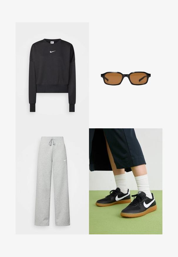 Čierna krátka mikina vyrobená z bavlnenej zmesi, s okrúhlym výstrihom, dlhými rukávmi a bielym logom Nike na hrudi.; Šedé tepláky s elastickým pásom, detailom na šnúrku a malým bielym logom Nike na ľavom stehne. Mäkká tkanina, voľný strih.; Čierne kožené a syntetické tenisky so bielym logom Nike, gumenou podrážkou, okrúhlou špičkou a čiernymi šnúrkami. Viditeľné biele pruhované ponožky.; Čierne obdĺžnikové slnečné okuliare s hrubými rámami a hnedom sfarbenými šošovkami, zobrazené spredu na bielom pozadí.